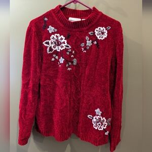 Embroidered floral red mock neck Alfred Dunner sweater